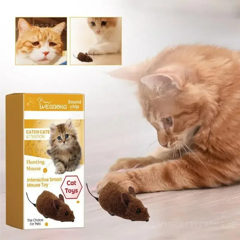 Interactive Plush Mouse Toy – Realistic Sound & Movement with a cat playing and a product box design.