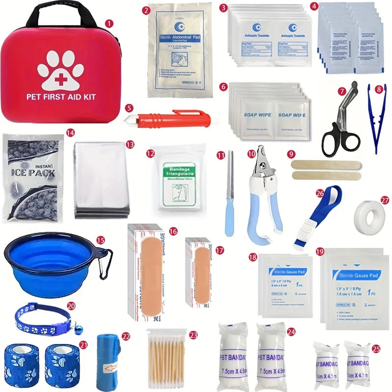 Pet First Aid Kit for Dogs and Cats - Ideal for Home, Car, Travel, Camping and Hiking - Your Dog and Cat Are Part of the Family