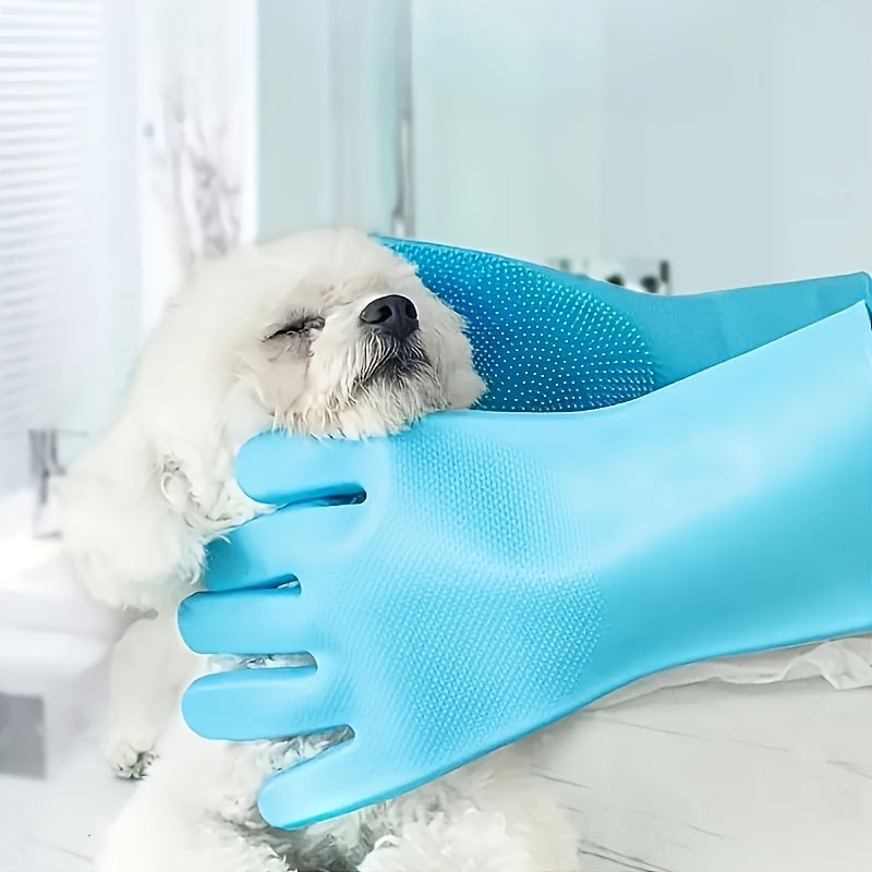 2-in-1 Silicone Pet Bath Gloves & Brush Set 2pcs used to gently massage and clean a dog.