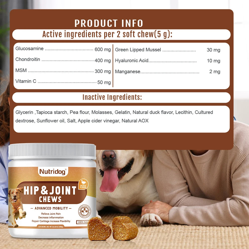 Hip and Joint Supplement for Dogs with Glucosamine, Chondroitin & MSM - Duck Flavor Joint Care Chews(Duck)