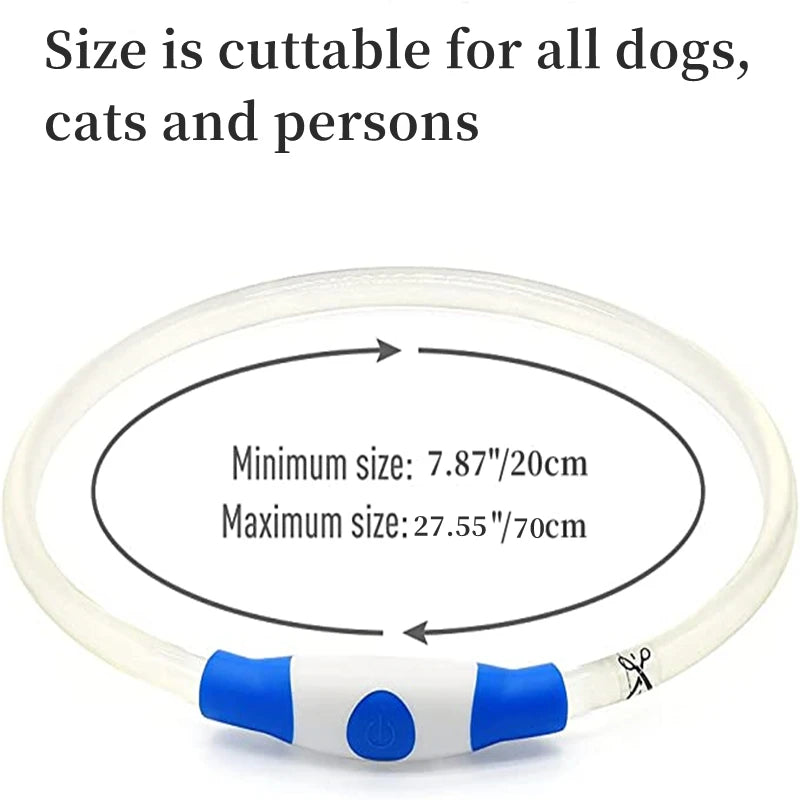 USB Rechargeable LED Luminous Pet Collar size specifications showing cuttable length options for pets.