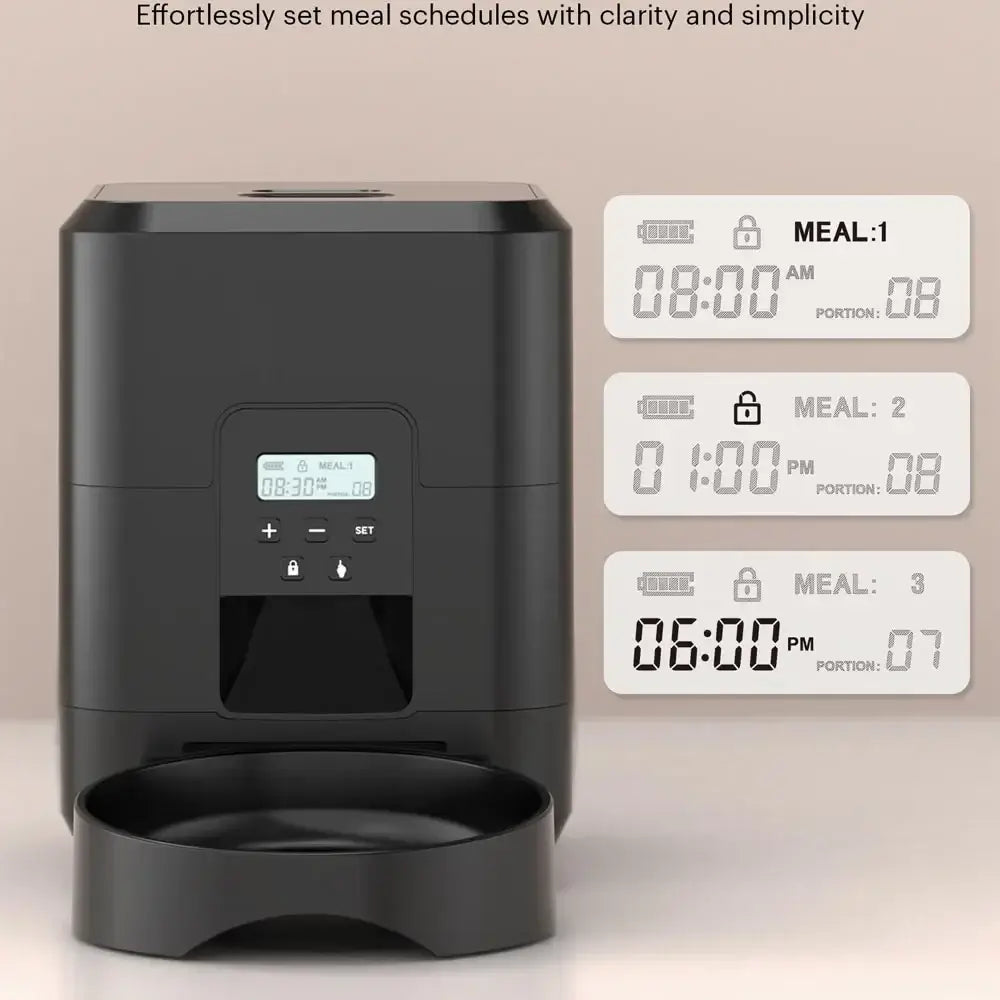 Smart Automatic Pet Feeder with Programmable Food Timer showing meal schedule and portion settings.