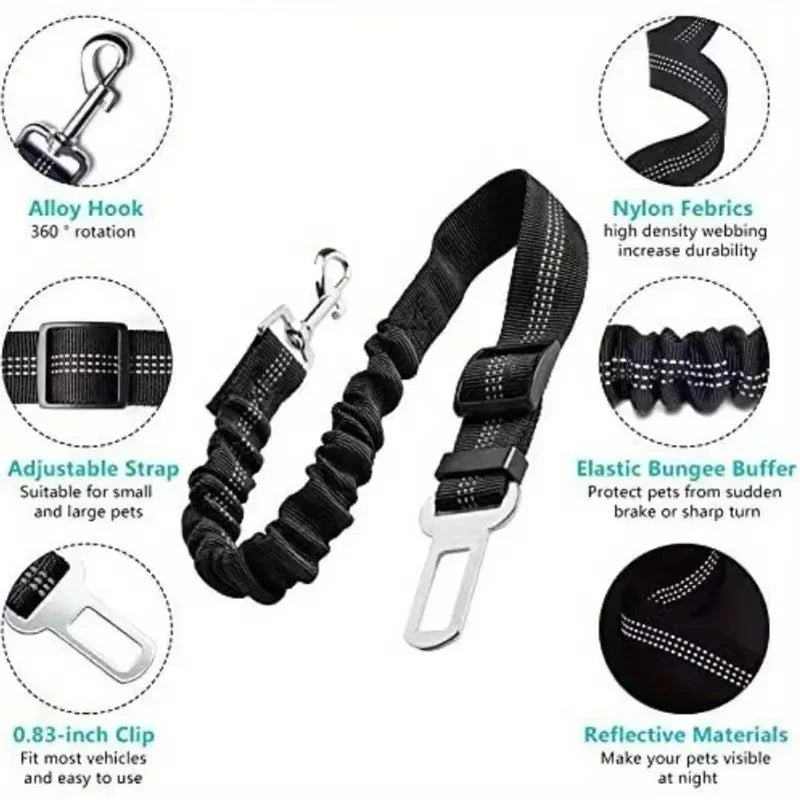 Reflective Adjustable Pet Car Safety Belt features an adjustable strap, durable materials, and an alloy hook for pet safety.