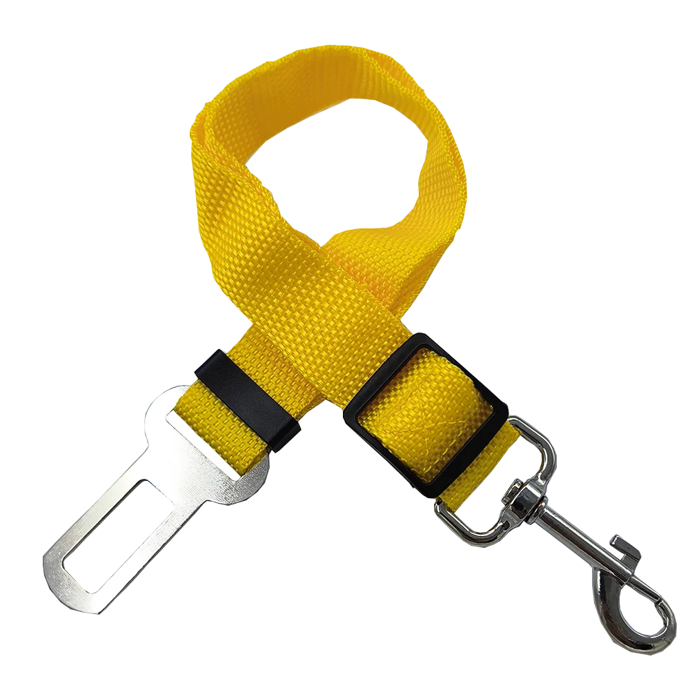 Adjustable Dog & Cat Car Seat Belt for Safety in yellow with metal buckle and clip for secure fitting.