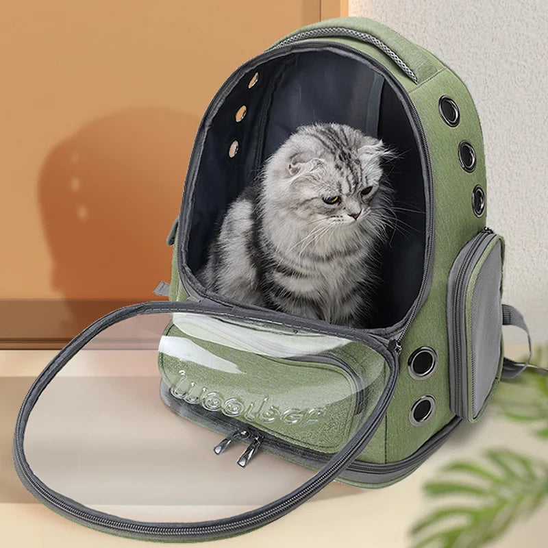 Transparent Breathable Pet Travel Carrier Backpack with a cat inside for stylish pet travel.