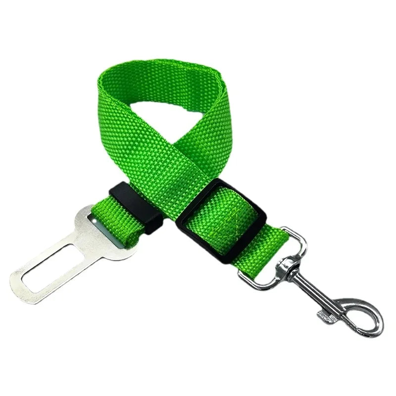 Adjustable Dog & Cat Car Seat Belt for Safety in vibrant green nylon material.