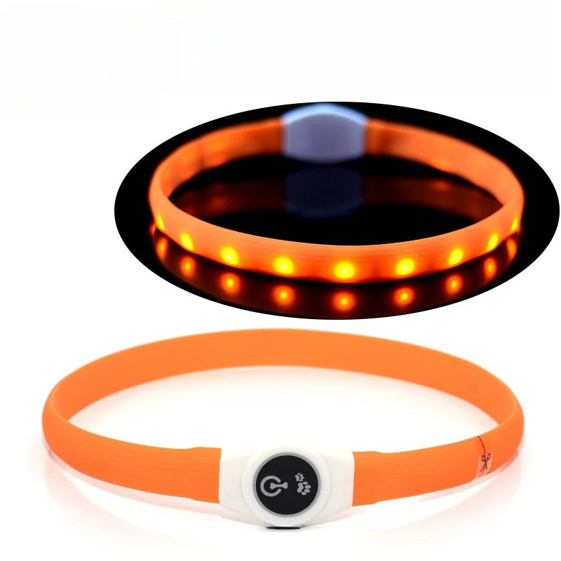 Waterproof LED Luminous USB Dog Collar featuring bright LED lighting in an orange band for pet visibility.