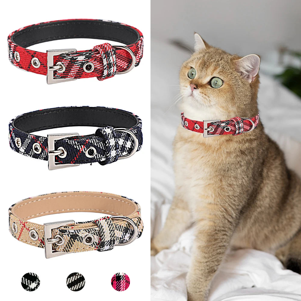 Adjustable Pet Collar Classic Plaid Cat & Dog PU Collar Multiple Colors Available All-Season Use Outdoor Walking Pet Supplies