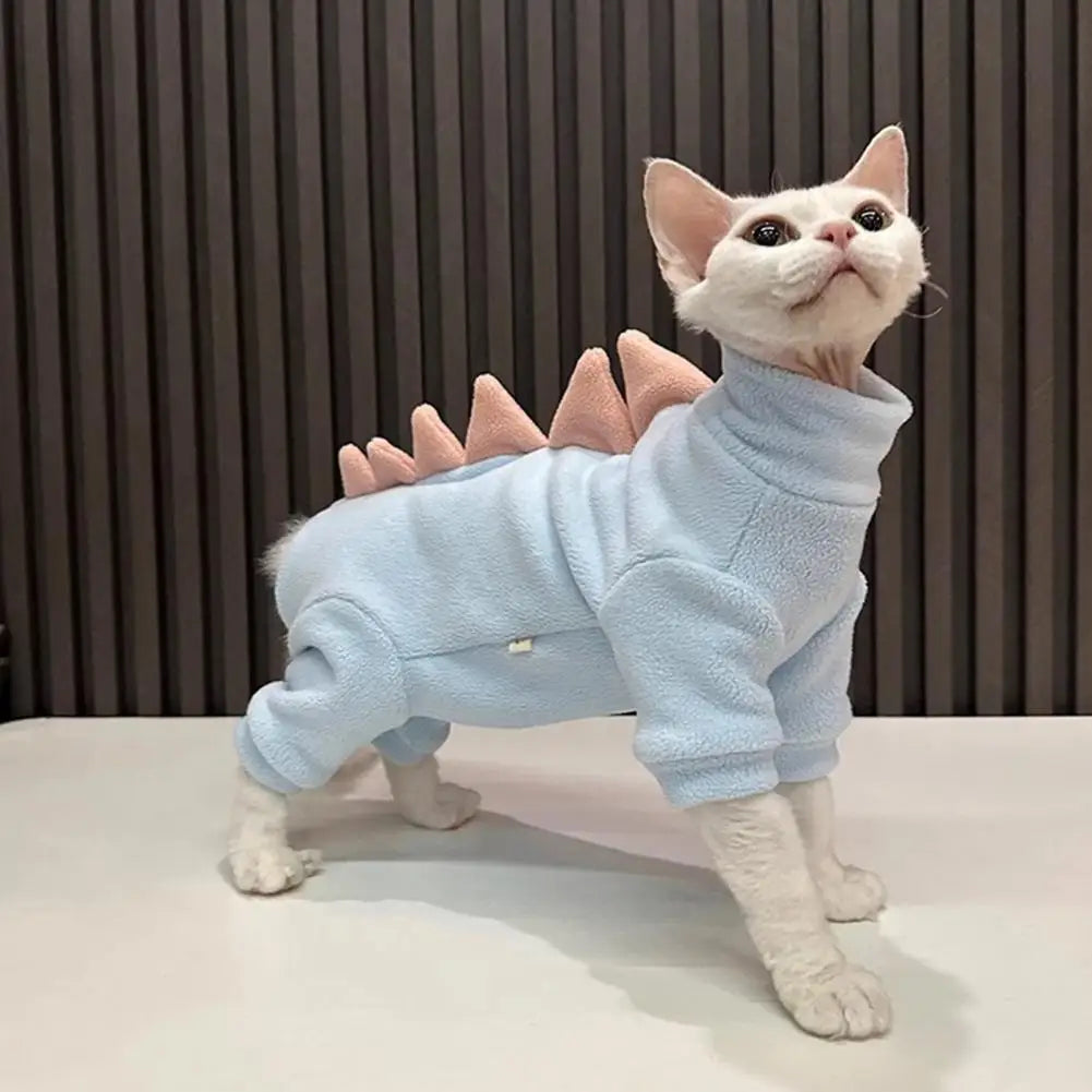 Cat Clothes Dinosaur Shape Winter Sphynx Cat Pajamas Costume Fleece Warm Cat Jacket For Indoor Hairless Cats Halloween Party