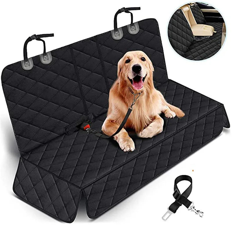 Waterproof Nonslip Car Dog Back Seat Cover with a golden retriever sitting on it, showcasing its comfort and durability.