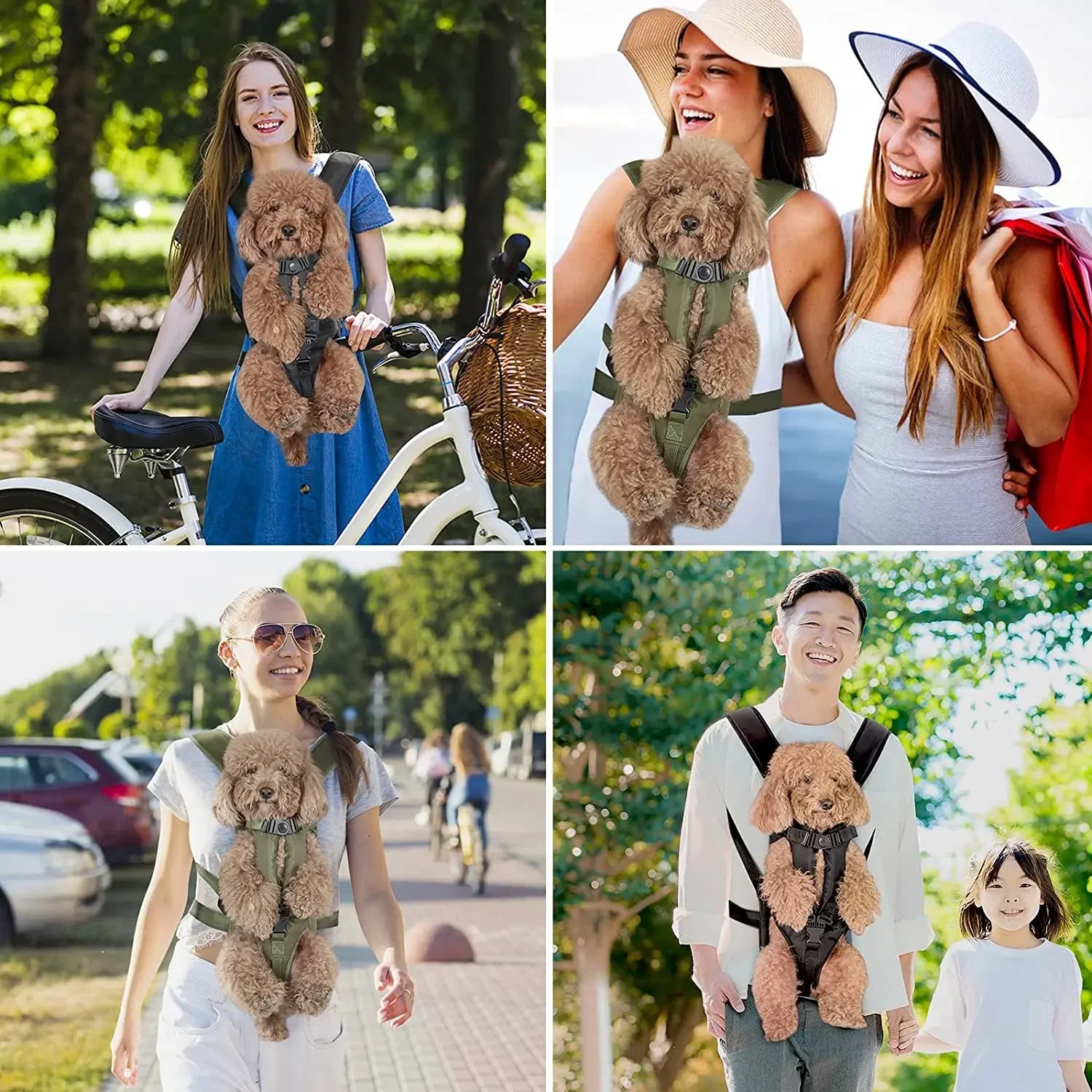 Pet Travel Backpack for Small Dogs & Cats used by happy pet owners in different outdoor settings.