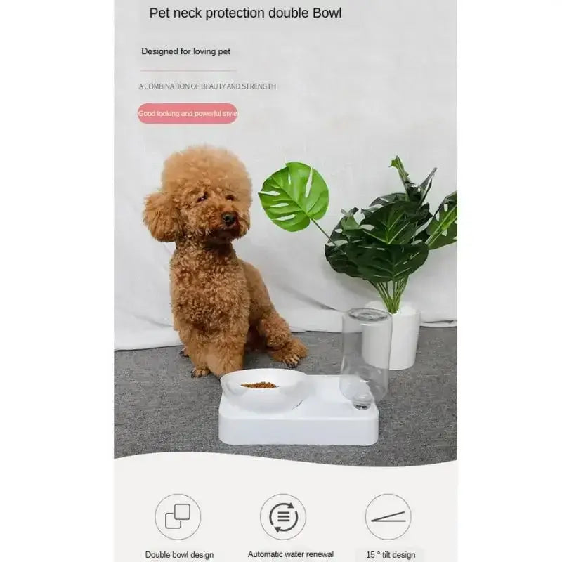Food & Water Dispenser with Double Pet Bowls featuring a dog and automatic water renewal system.