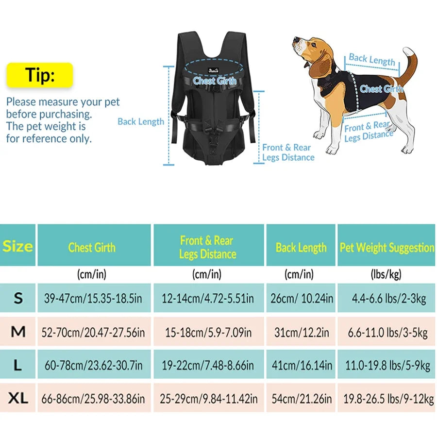 Pet Travel Backpack for Small Dogs & Cats size guide with measurements and tips on pet weight and fit.