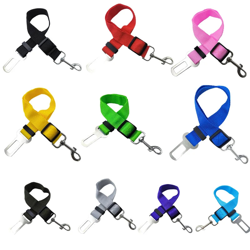 Adjustable Dog & Cat Car Seat Belt for Safety in various colors including black, red, pink, yellow, and green.