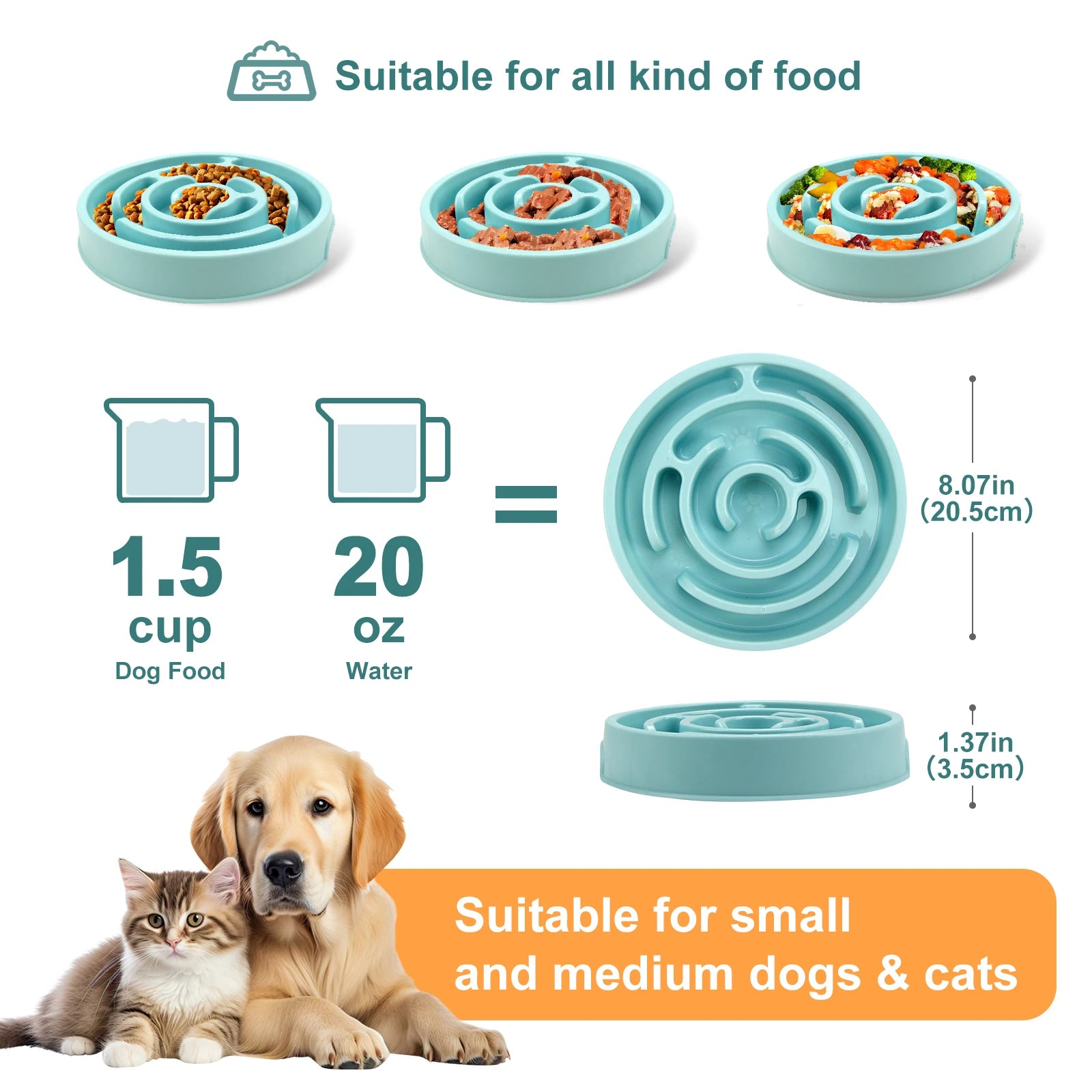 Fun Non-Slip Dog Slow Feeder Bowl suitable for all kinds of food, designed for small and medium dogs and cats.