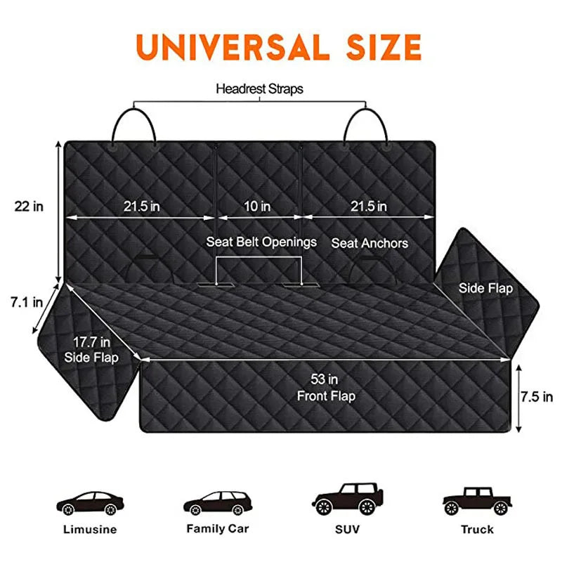 Dimensions and design of Waterproof Nonslip Car Dog Back Seat Cover with universal size specifications.