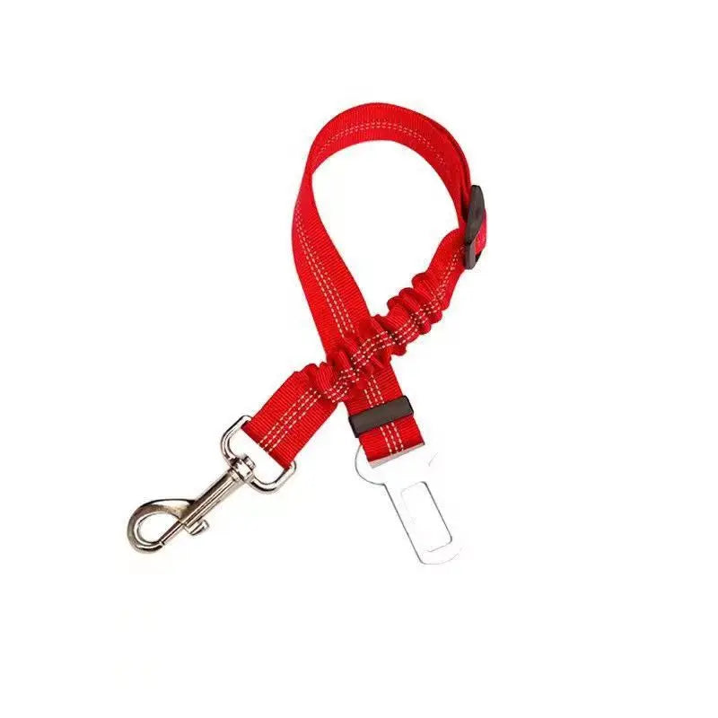 Reflective Adjustable Pet Car Safety Belt in red, featuring a sturdy clip and adjustable design for pet safety in cars.
