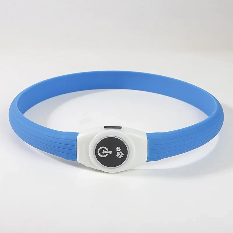 Waterproof LED Luminous USB Dog Collar in blue with power button for nighttime visibility.
