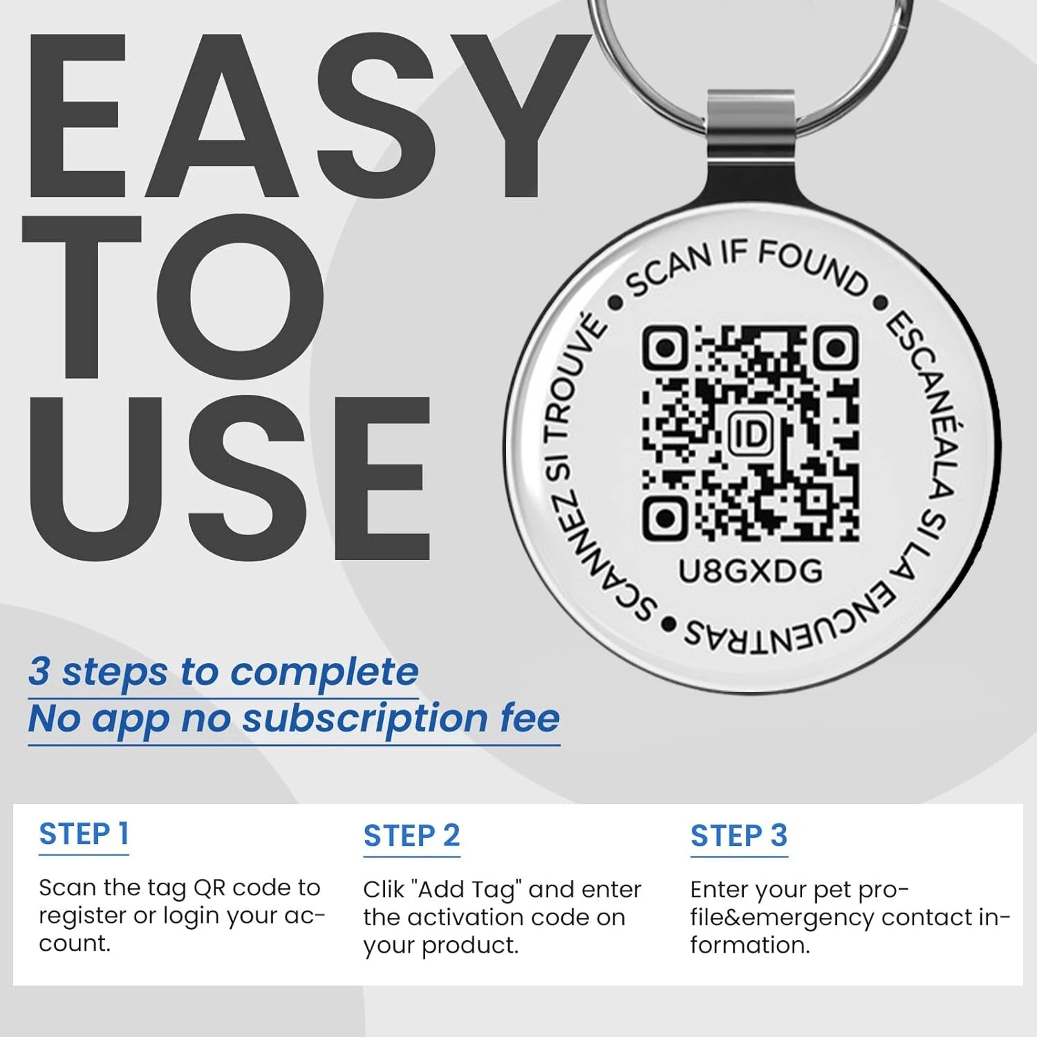 Metal Pet Tag, Easy-to-use Dog Tag with QR Code, Real-time Scan Alerts, Update Record Pet Profile, No Subscription or Fees