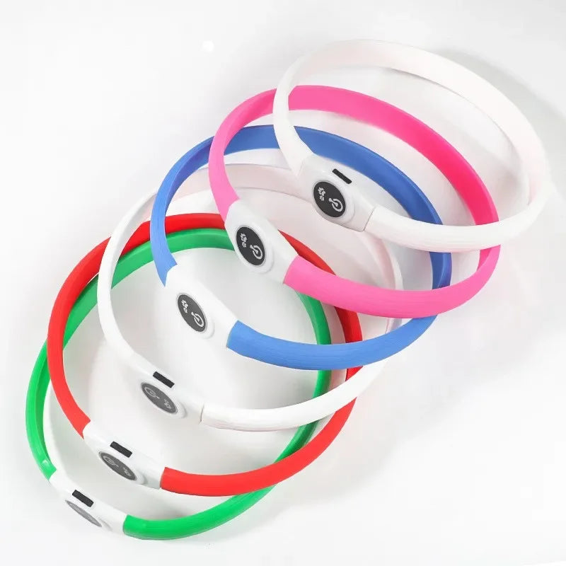 Waterproof LED Luminous USB Dog Collar in assorted colors including red, green, blue, pink, and white.