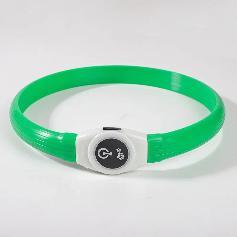 Waterproof LED Luminous USB Dog Collar in green with a power button for nighttime visibility.