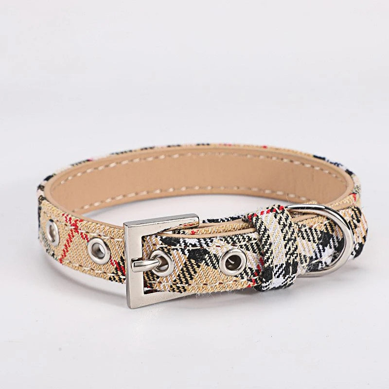 Adjustable Pet Collar Classic Plaid Cat & Dog PU Collar Multiple Colors Available All-Season Use Outdoor Walking Pet Supplies