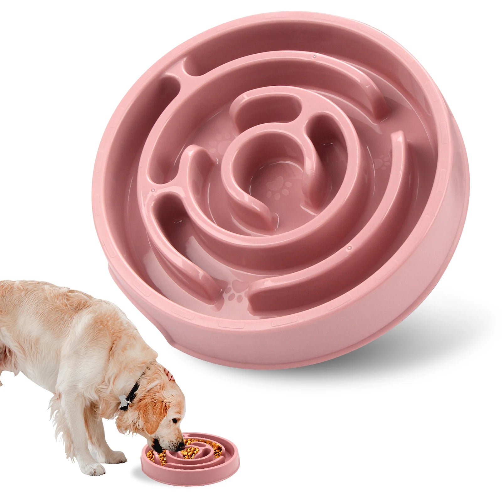 Fun Non-Slip Dog Slow Feeder Bowl with a spiral maze design and a dog eating from it.