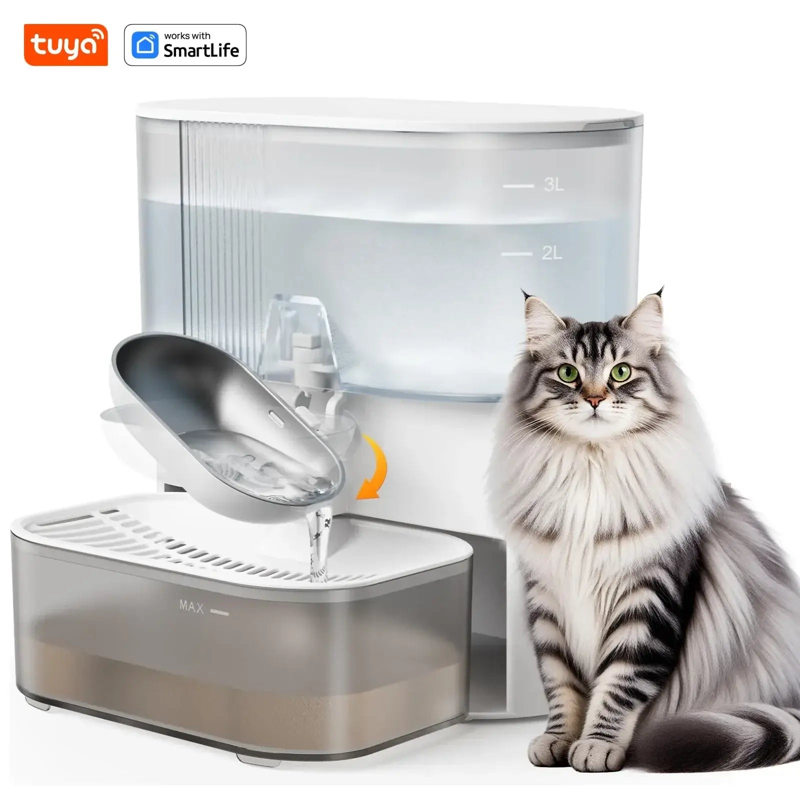 Rechargeable 3L Pet Water Dispenser with Fresh Flow next to a fluffy cat, providing fresh water supply.