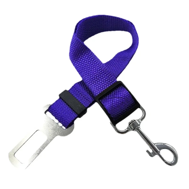 Adjustable Dog & Cat Car Seat Belt for Safety in purple nylon for secure pet travel.