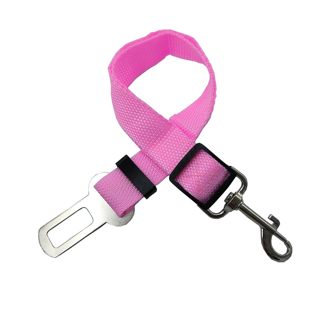 Adjustable Dog & Cat Car Seat Belt for Safety in pink, featuring a durable nylon strap and metal clip.