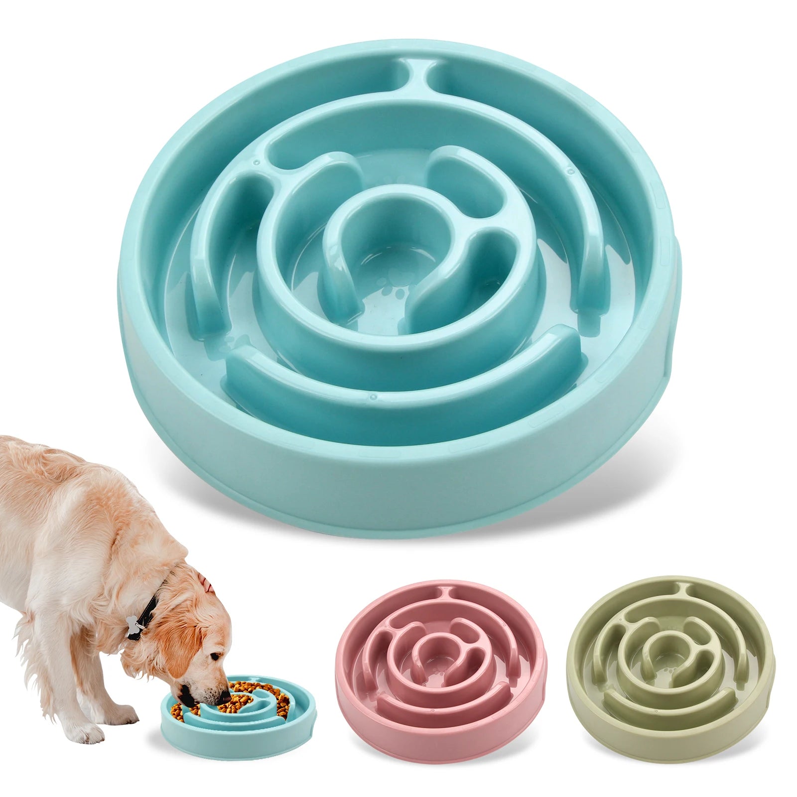 Fun Non-Slip Dog Slow Feeder Bowl designed to slow down rapid eaters with a maze-style design.