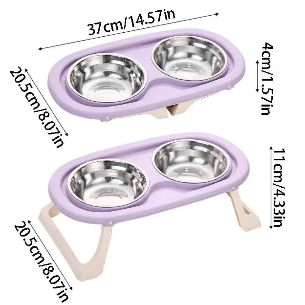 Non-Slip Double Pet Bowls with Foldable Stand featuring stainless steel bowls and a lightweight foldable frame.