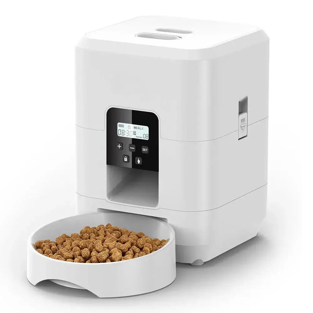 Smart Automatic Pet Feeder with Programmable Food Timer and bowl filled with cat food.