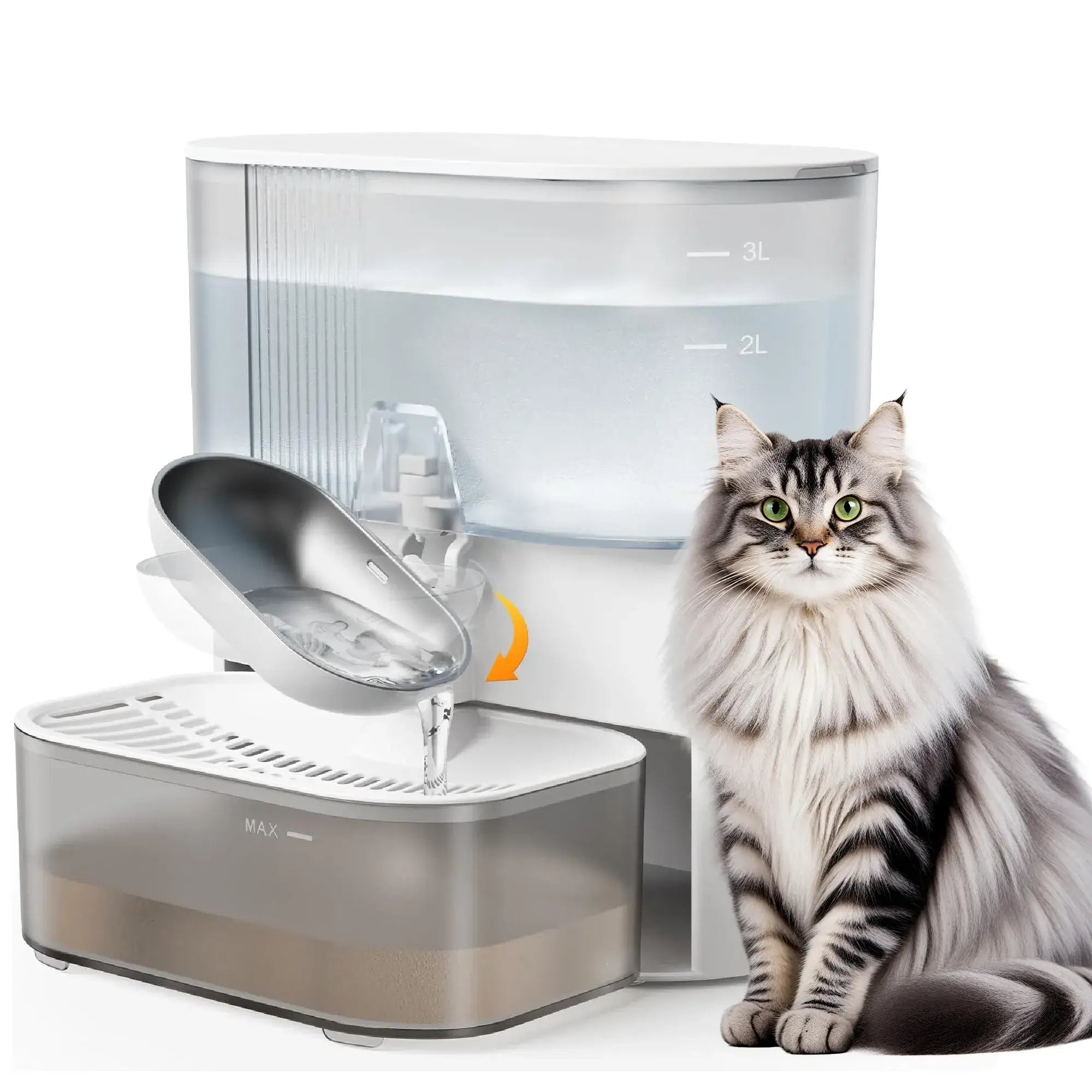 Rechargeable 3L Pet Water Dispenser with Fresh Flow next to a fluffy cat, offering fresh, clean water for pets.