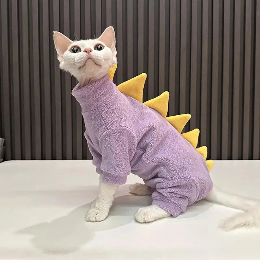 Cat Clothes Dinosaur Shape Winter Sphynx Cat Pajamas Costume Fleece Warm Cat Jacket For Indoor Hairless Cats Halloween Party