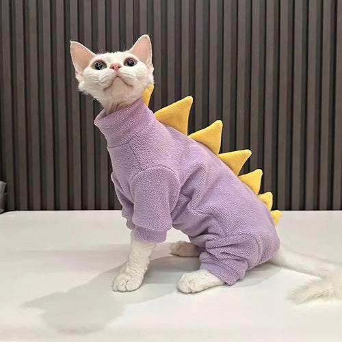 Cat Clothes Dinosaur Shape Winter Sphynx Cat Pajamas Costume Fleece Warm Cat Jacket For Indoor Hairless Cats Halloween Party