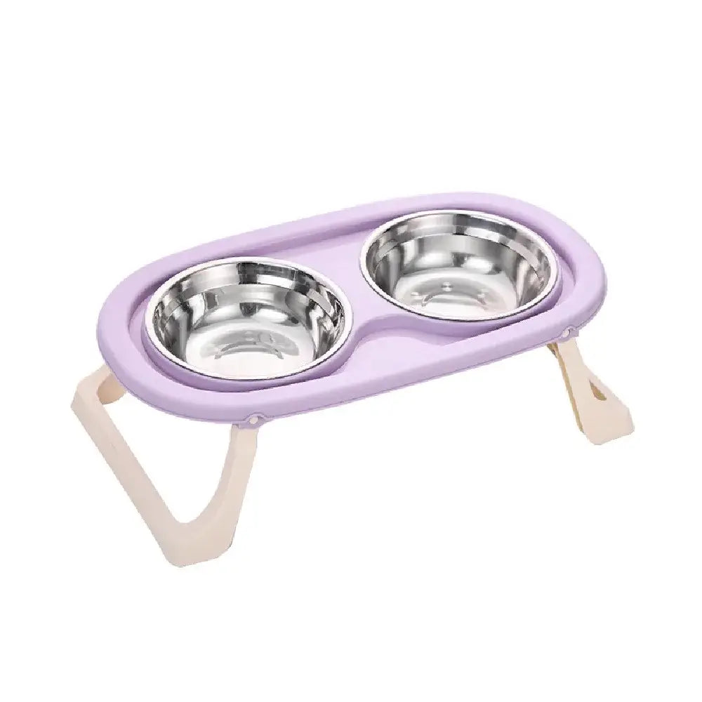 Non-Slip Double Pet Bowls with Foldable Stand in lavender design featuring two stainless steel bowls.