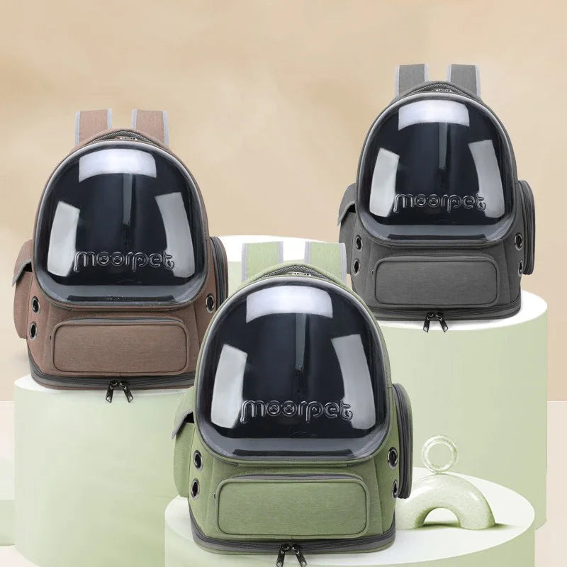 Transparent Breathable Pet Travel Carrier Backpack in brown, green, and gray on display.