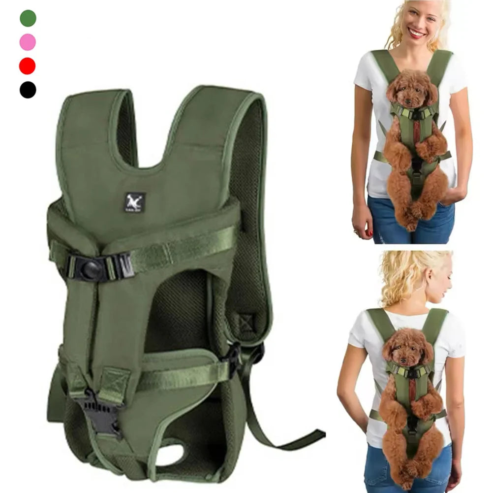 Pet Travel Backpack for Small Dogs & Cats in green, a dog harness worn by a person and showcasing a small dog.