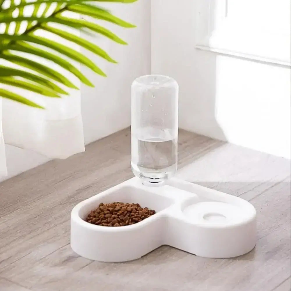 Food & Water Dispenser with Double Pet Bowls featuring an automatic water bottle and pet food bowl.