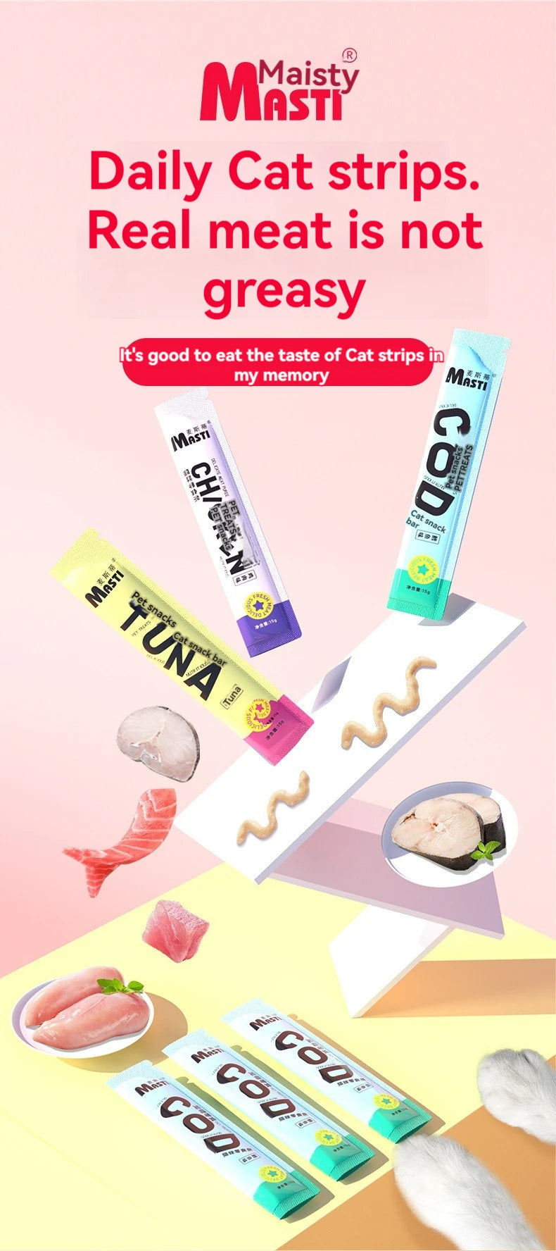 Cat snacks cat strips 15g/piece fresh tender chicken tuna cod wet food nutrition replenishment fattening cat snacks