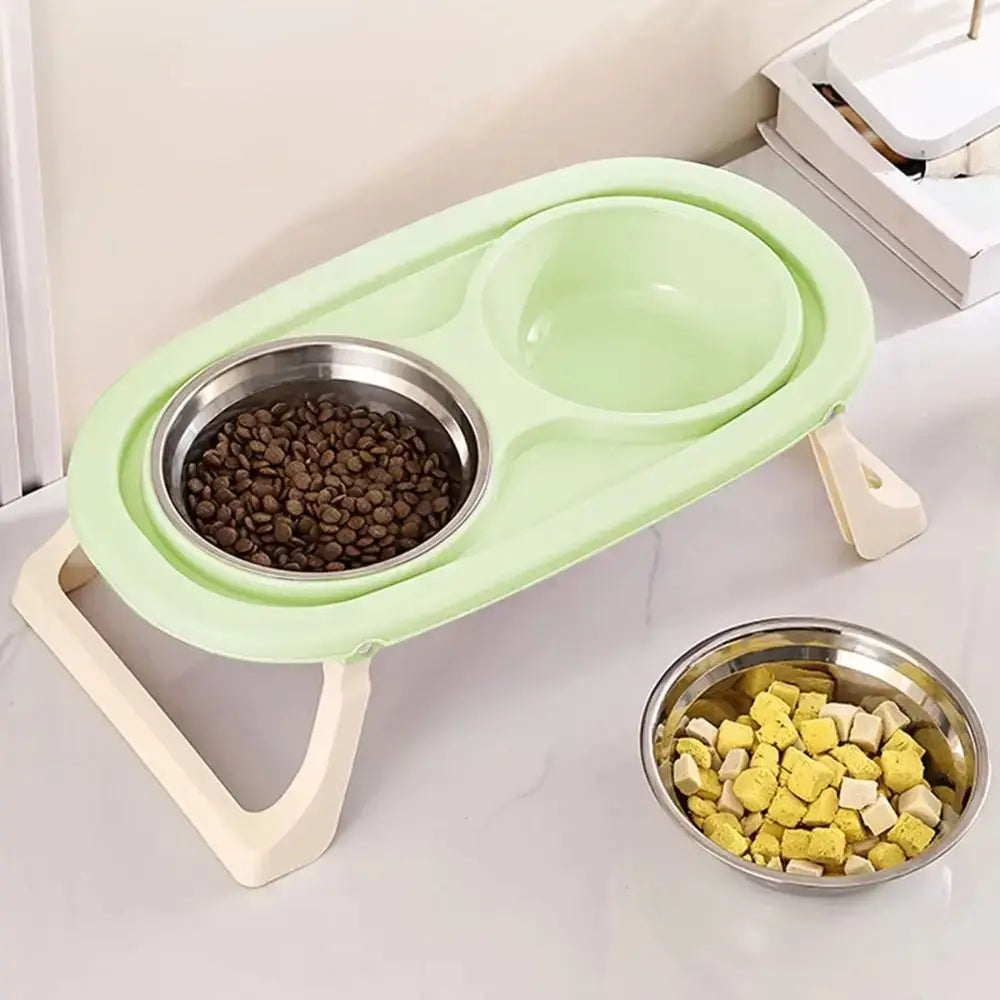 Non-Slip Double Pet Bowls with Foldable Stand featuring two bowls on a green stand for pets' feeding.