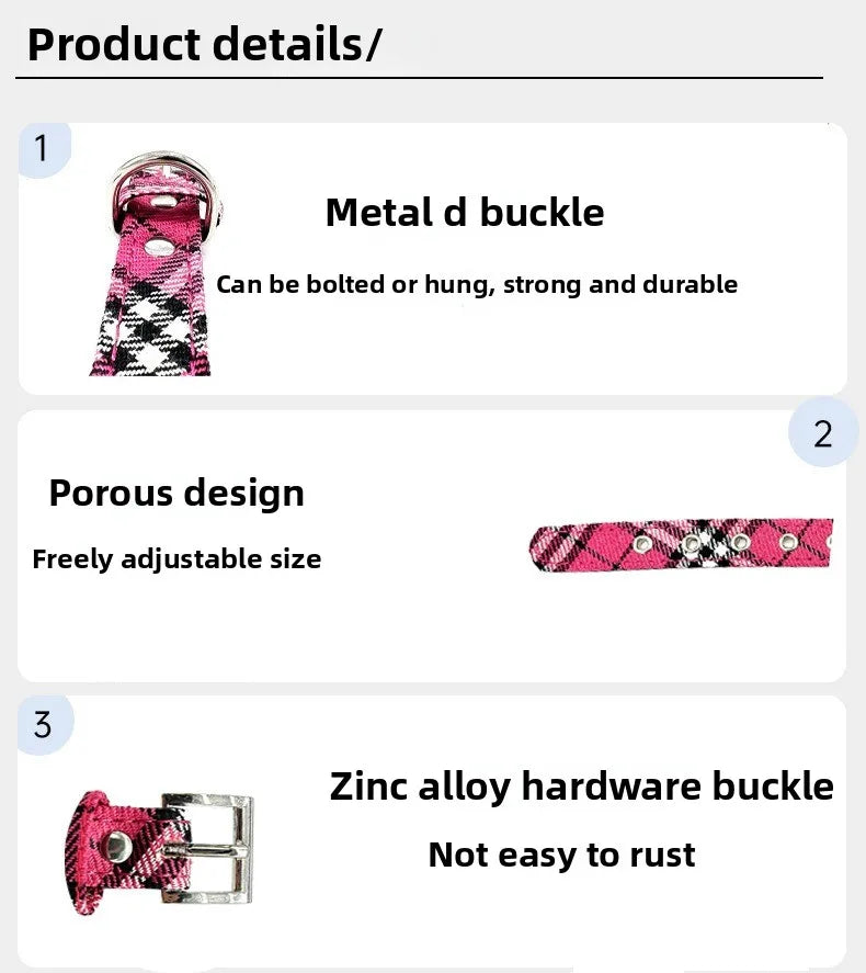 Adjustable Pet Collar Classic Plaid Cat & Dog PU Collar Multiple Colors Available All-Season Use Outdoor Walking Pet Supplies