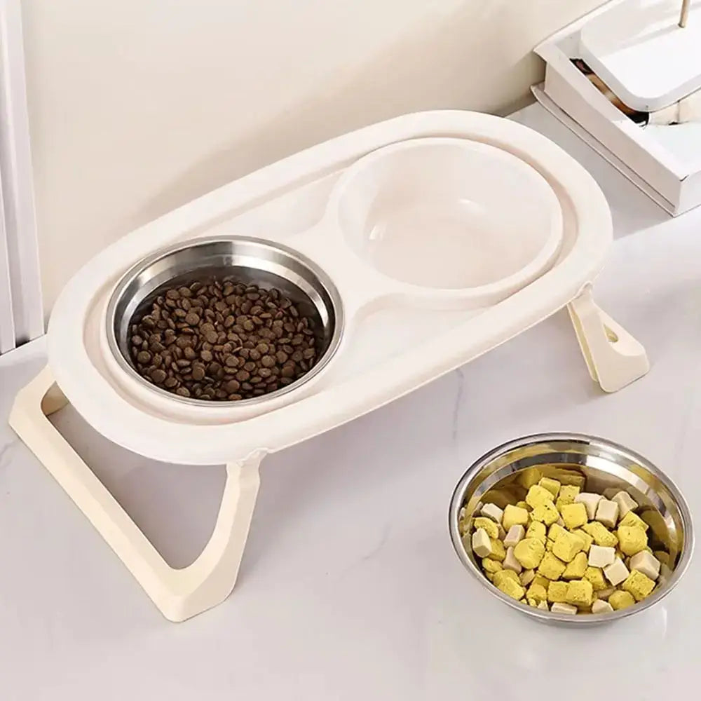 Non-Slip Double Pet Bowls with Foldable Stand featuring two bowls and a space-saving design for pets.