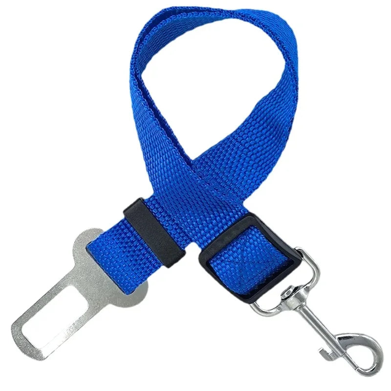 Adjustable Dog & Cat Car Seat Belt for Safety in blue durable nylon design with metal clip and buckle.