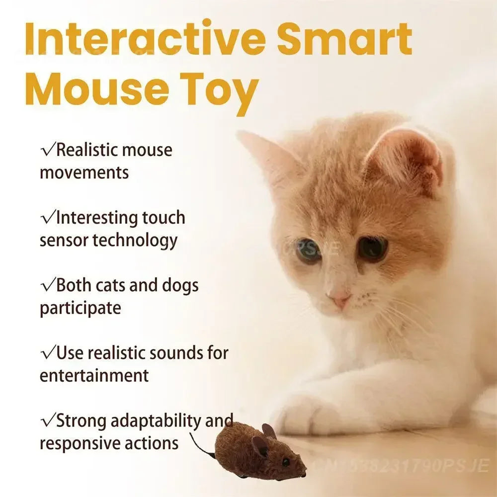 Interactive Plush Mouse Toy – Realistic Sound & Movement with a cat engaging in play.