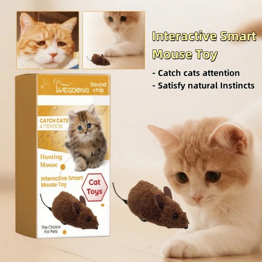 Interactive Plush Mouse Toy – Realistic Sound & Movement with cats and packaging, stimulating feline play.