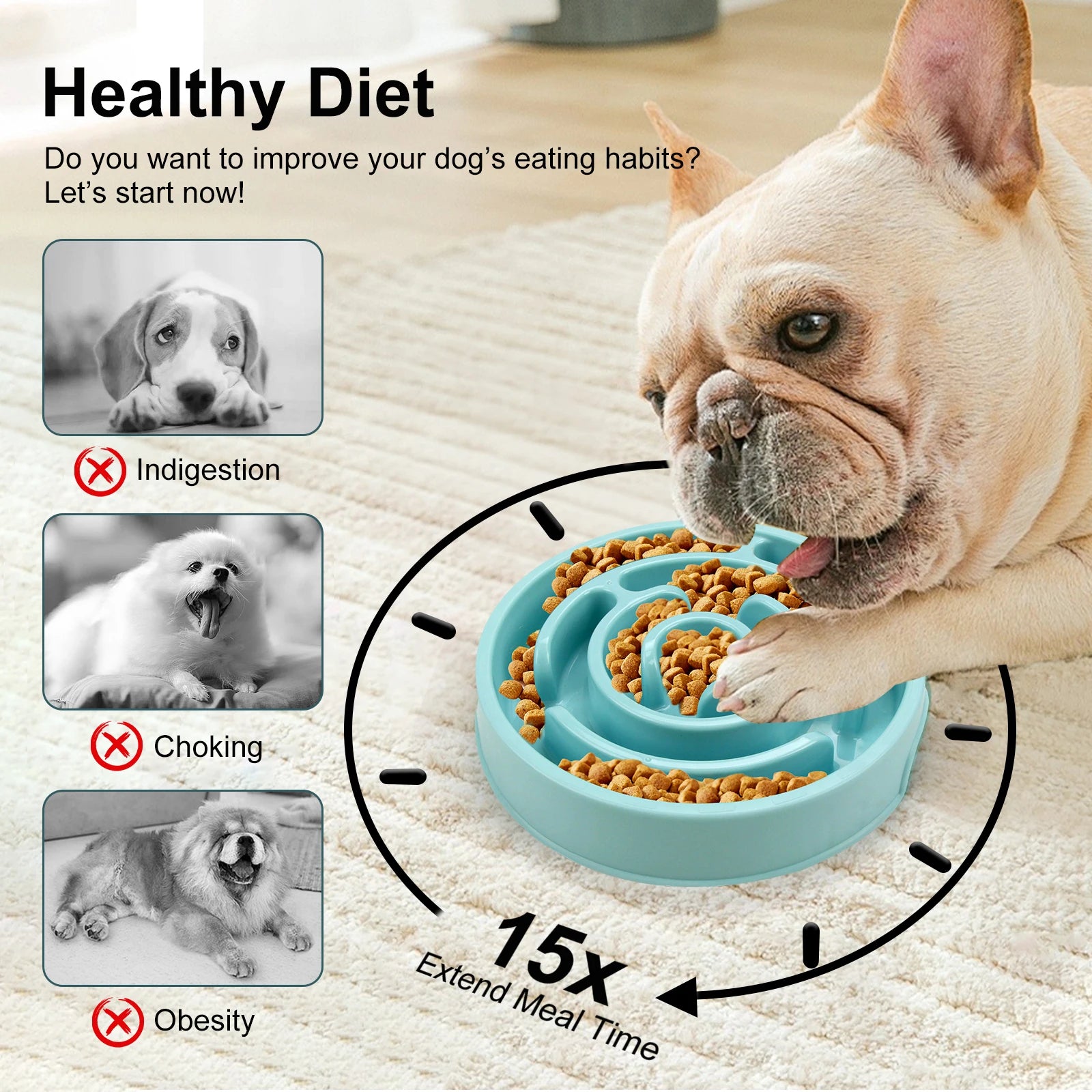 Fun Non-Slip Dog Slow Feeder Bowl with a French Bulldog enjoying food, promoting healthy eating habits.