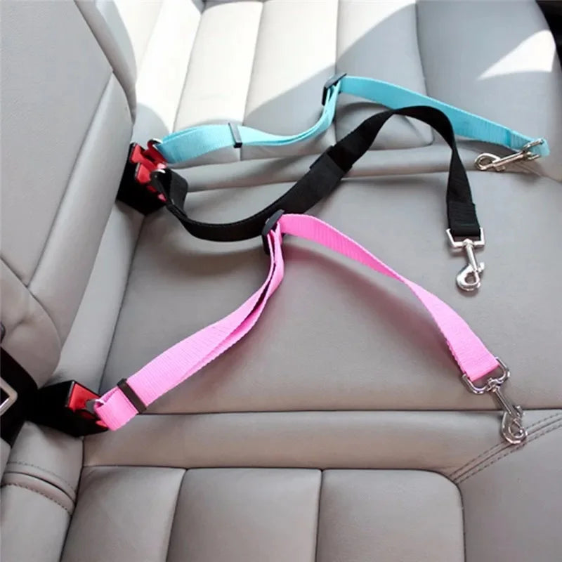 Adjustable Dog & Cat Car Seat Belt for Safety displayed on car seat, featuring vibrant colors and durable straps.