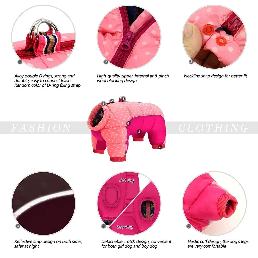 Winter Warm Dog Jumpsuit Reflective Polka Dot Printed Puppy Clothes With D-ring Waterproof Dogs Jacket Chihuahua Bulldog Coat